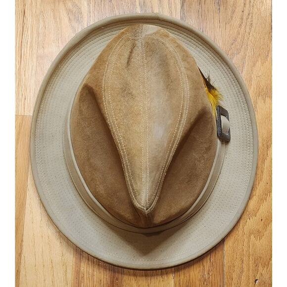 VTG 70’s Cavanagh New York Tan Suede Fedora Hat With Feather Detail Size 7 3/8 - Picture 5 of 9